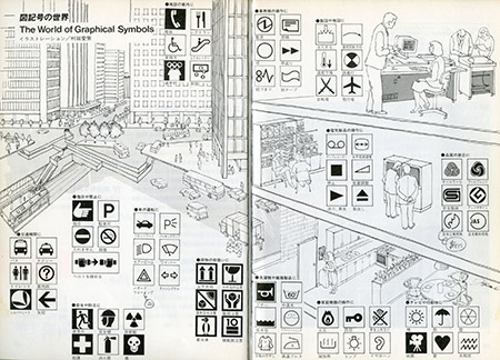 イラストで書籍に掲載された“図記号の世界”（「目でみることばの世界」一般財団法人日本規格協会/1983年 より）